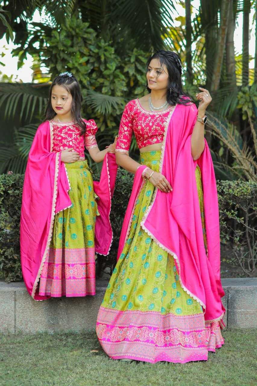 YNF BANARSI SOFT SILK RPVR FULL LEHENGAS WHOLESALE MOTHER & DAUGHER COMBO MANUFACTURER    