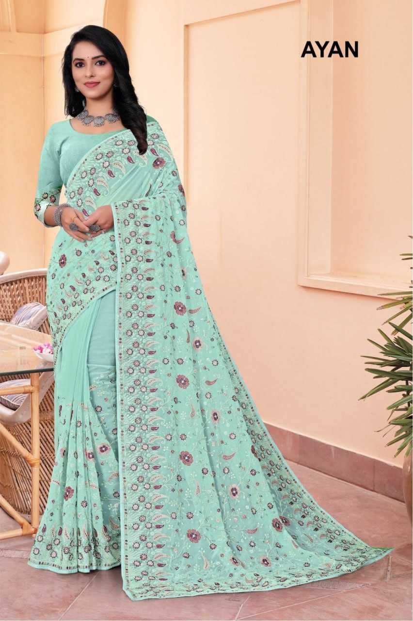 YNF GEORGETTE KESH114 AYAN SAREES WHOLESALE GEORGETTE SEQUENCE WORK STONW WORK WEDDING SAREES MANUFACTURER