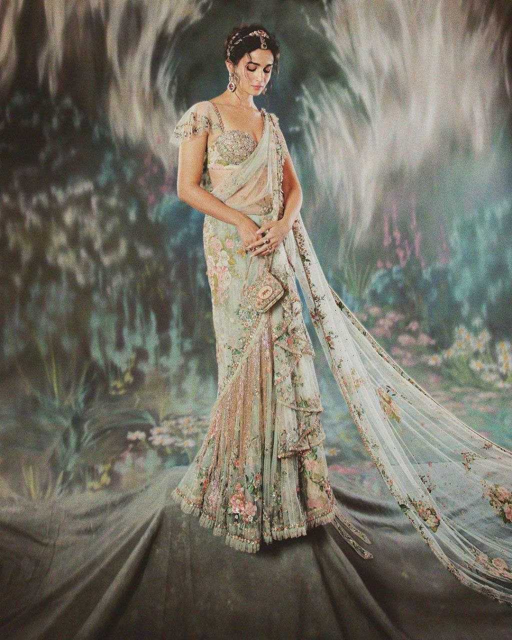 YNF ORGANZA KESH130 3418 SAREES BOLLYWOOD COLLECTIONS WHOLESALE ORGANZA PRINTED WORK EMBROIDERED ALIA BHATT SAREES MANUFACTURER