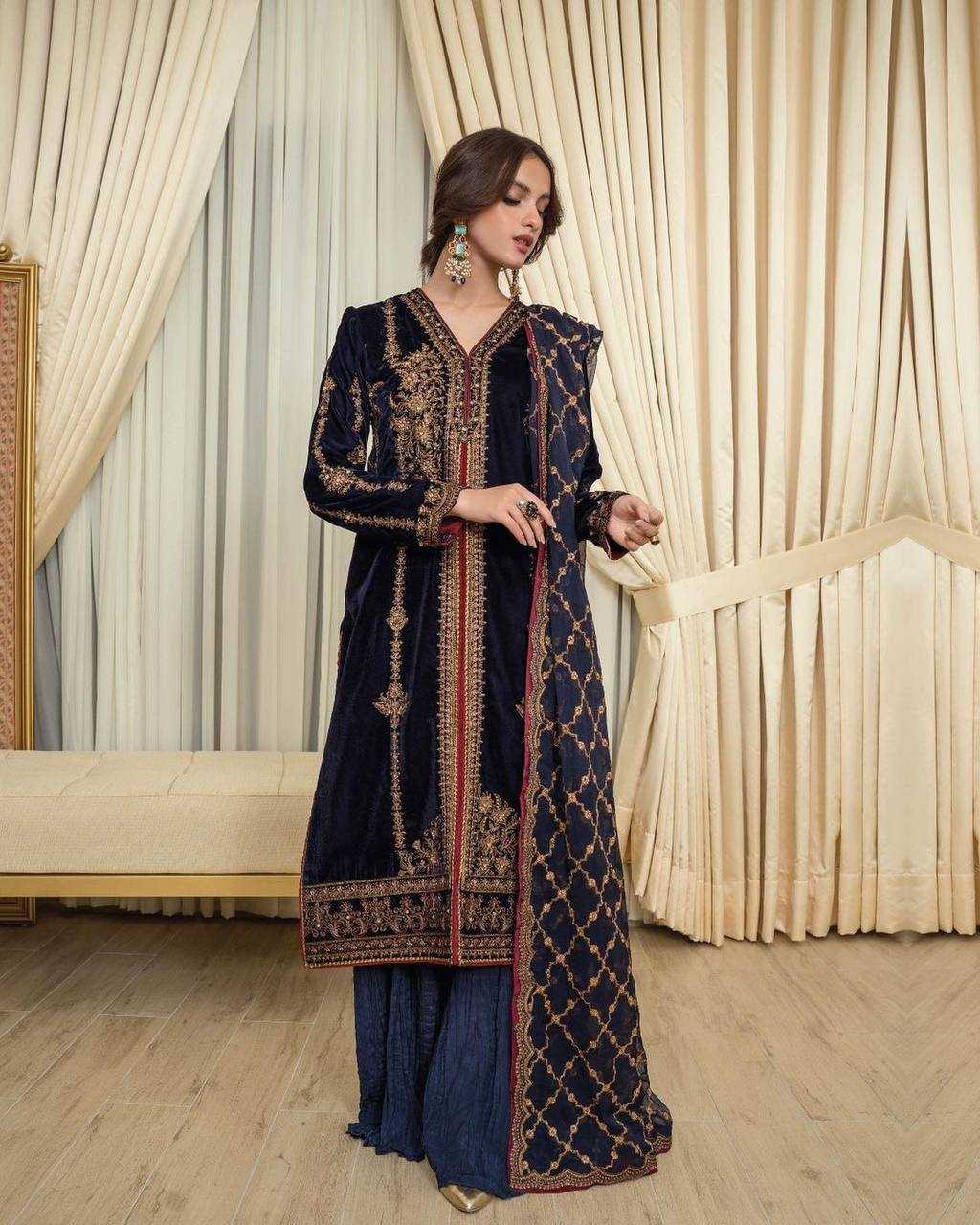 YNF VELVET KESH150 1166 SUITS & DRESSES WHOLESALE VELVET EMBROIDERY PALAZZO LADIES SILK ZARI WORK SUITS MANUFACTURER