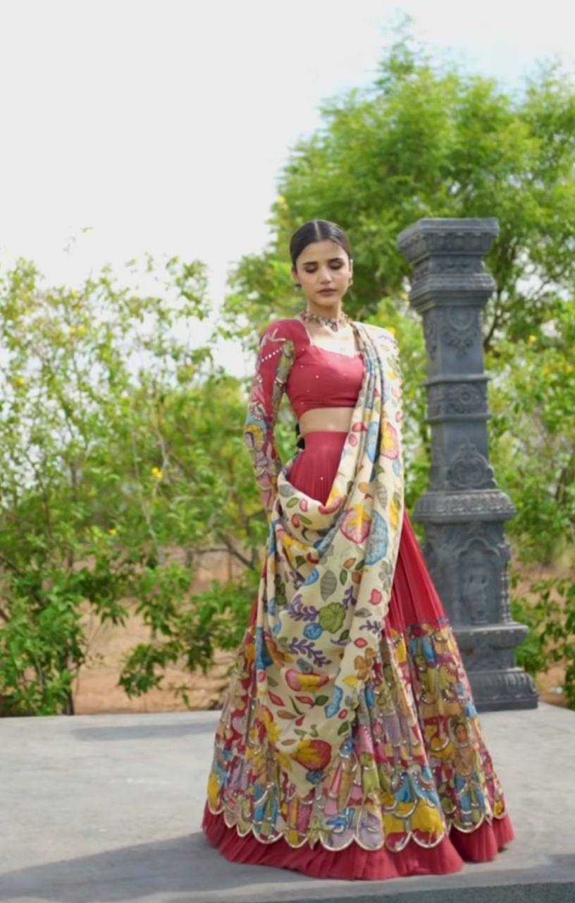 YNF CHENT CREP KESH119 449 LEHENGAS WHOLESALE KALAMKARI TRADITIONAL PRINTED LEHENGAS MANUFACTURER