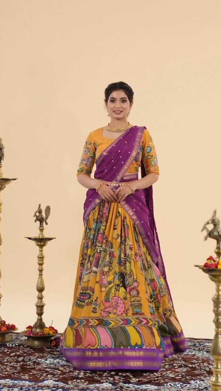 YNF CHENT CREP KESH119 450 LEHENGAS WHOLESALE KALAMKARI TRADITIONAL PRINTED LEHENGAS MANUFACTURER