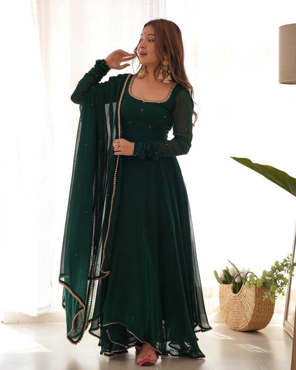 YNF GEORGETTE KESH211 LDY61 GOWNS WHOLESALE ANARKALI LONG GEORGETTE GOWN WITH DUPATTA FULL SLEEVE GREEN GOWNS MANUFACTURER