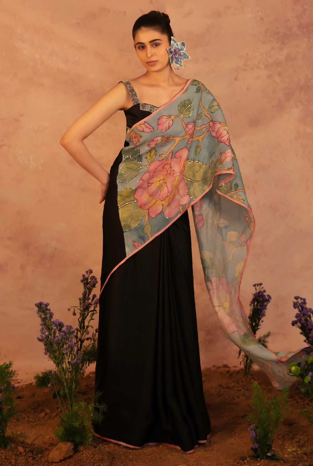 YNF SATIN RIN178 SNT22 SAREES WHOLESALE PRINTED EMBROIDERED KALAMAKARI BLACK SAREES MANUFACTURER