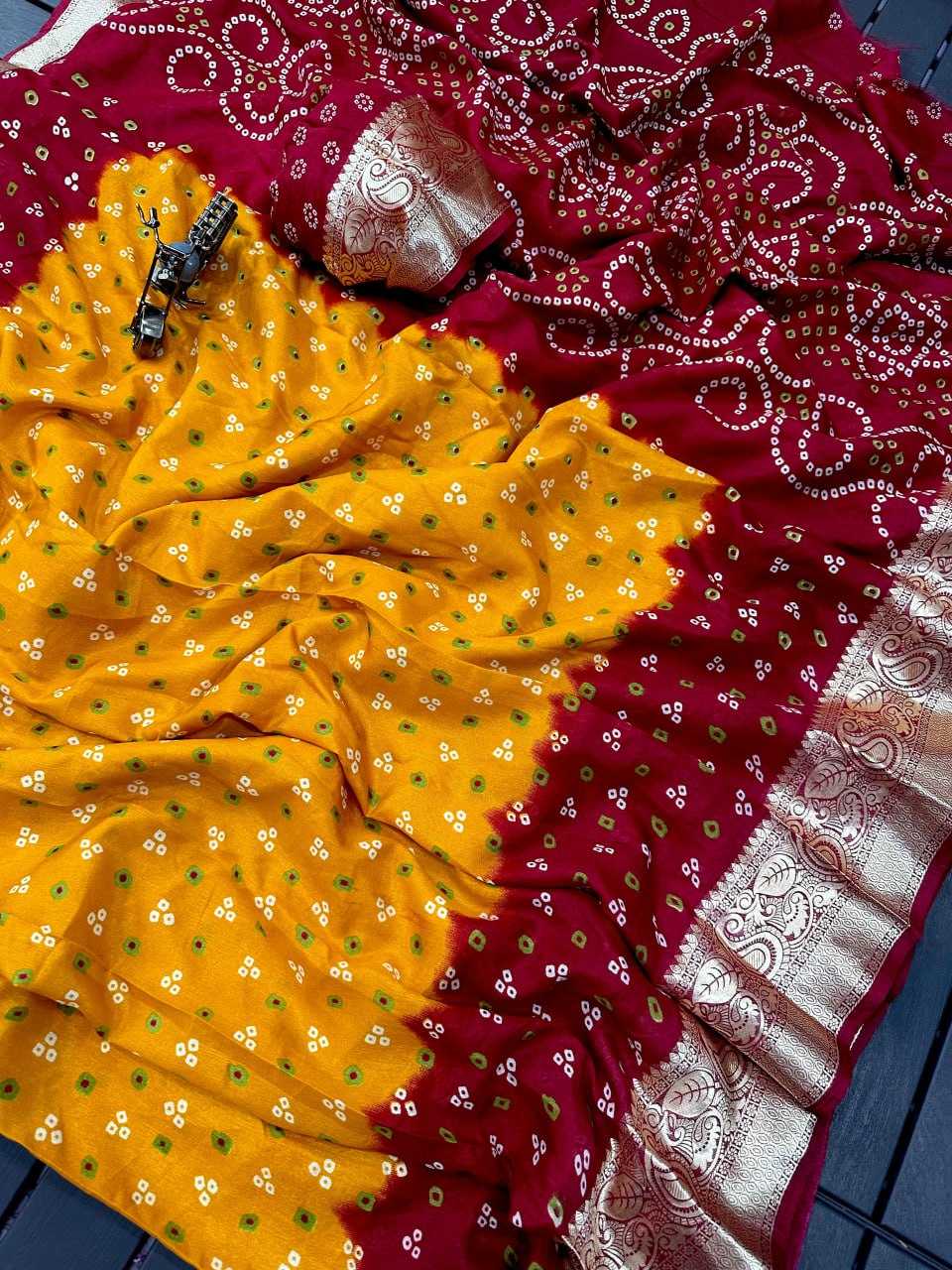 YNF SOFT DOLA KESH110 RADHA22 SAREES WHOLESALE PRINTED BANDHANI BANDHEJ ZARI BORDER SAREES MANUFACTURER