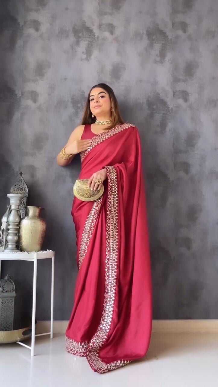 YNF SOFT VICHITRA RIN134 0175 SAREES WHOLESALE EMBROIDERED PLAIN LACE BORDER RED SAREES MANUFACTURER