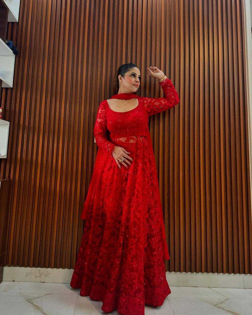 YNF BUTTERFLY NET RIN169 5770 GOWNS WHOLESALE RED NET ANARKALI SEQUIN GOWNS MANUFACTURER