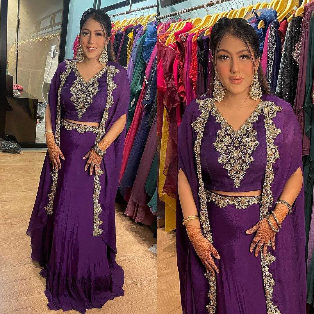 YNF CHINON SILK KESH188 9199 LEHENGAS WHOLESALE SILK EMBROIDERED JACKET STYLE LEHENGA WITH BELT PURPLE LEHENGAS MANUFACTURER