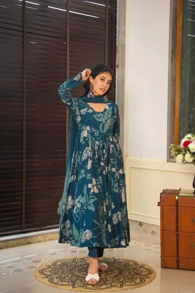 YNF CHINON SILK KESH188 9215 GOWNS WHOLESALE PRINTED ANARKALI LONG SILK FULL SLEEVE BLUE GOWNS MANUFACTURER