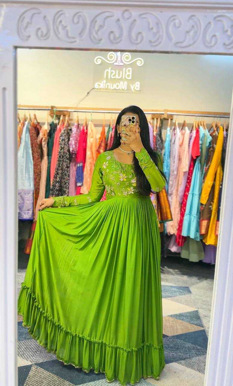 YNF CHINON SILK KESH232 997 GOWNS WHOLESALE EMBROIDERY LONG SILK GREEN GOWNS MANUFACTURER