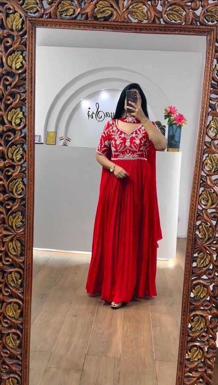 YNF FAUX GEORGETTE KESH119 459 GOWNS WHOLESALE EMBROIDERY RED GEORGETTE SEQUIN GOWNS MANUFACTURER