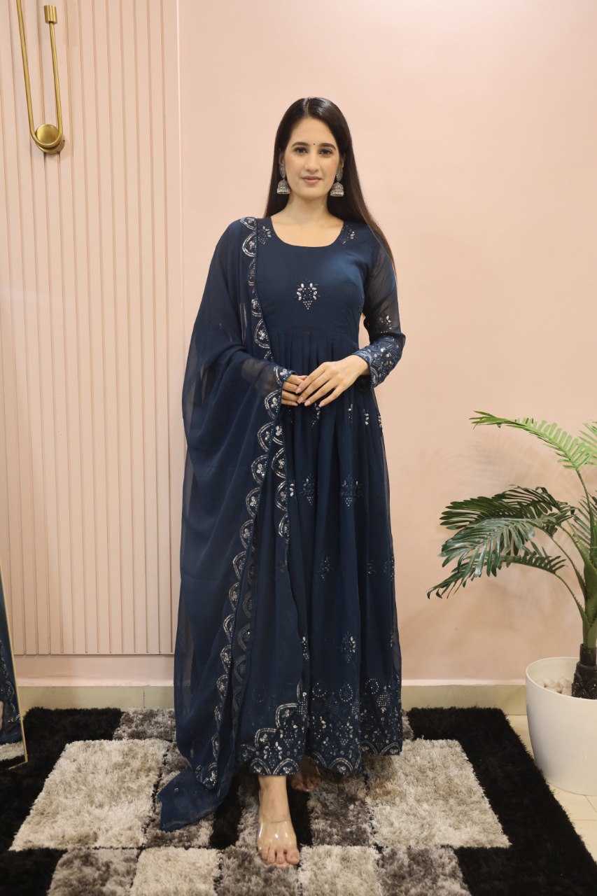 YNF FAUX GEORGETTE KESH164 G55 GOWNS WHOLESALE EMBROIDERED ANARKALI GEORGETTE BLUE GOWNS MANUFACTURER