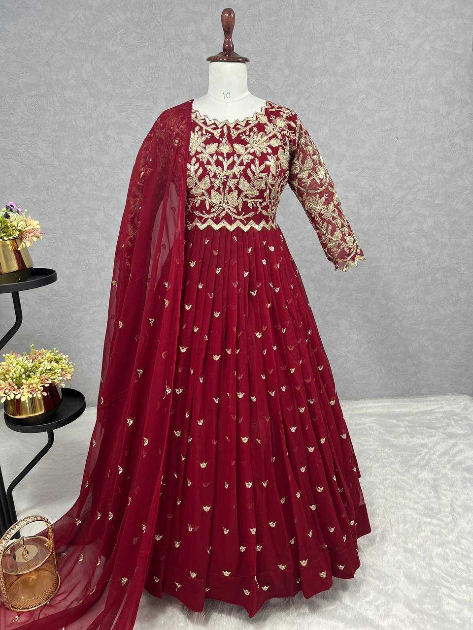 YNF FAUX GEORGETTE KESH227 1011 GOWNS WHOLESALE EMBROIDERY ANARKALI LONG GEORGETTE FULL SLEEVE GOWNS MANUFACTURER