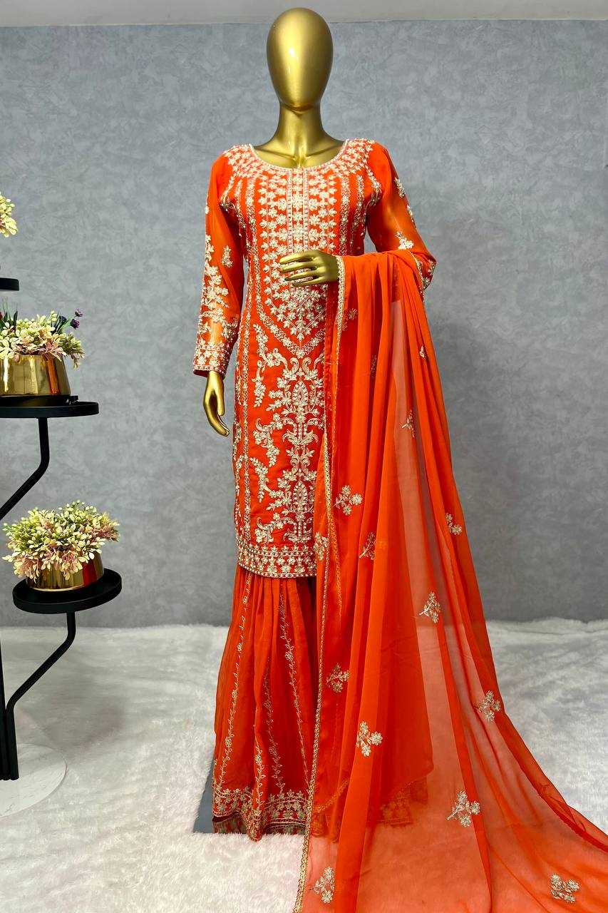 YNF FAUX GEORGETTE KESH227 1015 SUITS & DRESSES WHOLESALE SHARARA SALWAR EMBROIDERY GEORGETTE PARTY WEAR ORANGE SALWAR SUITS  MANUFACTURER