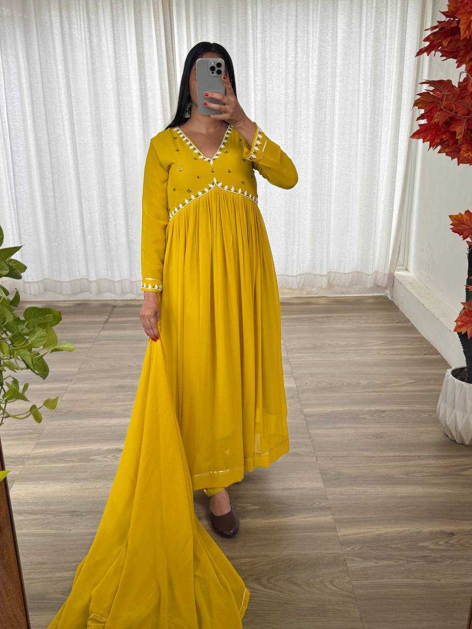 YNF FAUX GEORGETTE KESH240 407 GOWNS WHOLESALE ANARKALI GEORGETTE HALDI OUTFITS GOWNS MANUFACTURER