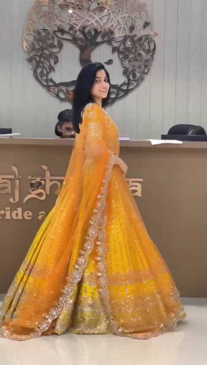 YNF FAUX GEORGETTE RIN108 1680 LEHENGAS WHOLESALE DESIGNER YELLOW BRIDAL HALDI LEHENGAS MANUFACTURER