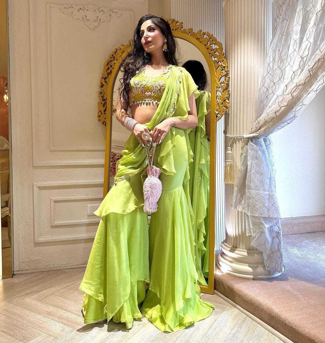 YNF GEORGETTE KESH188 9063 SAREES WHOLESALE READY TO WEAR GEORGETTE PRE DRAPED EMBROIDERED SAREE WITH BLOUSE GREEN SAREES MANUFACTURER