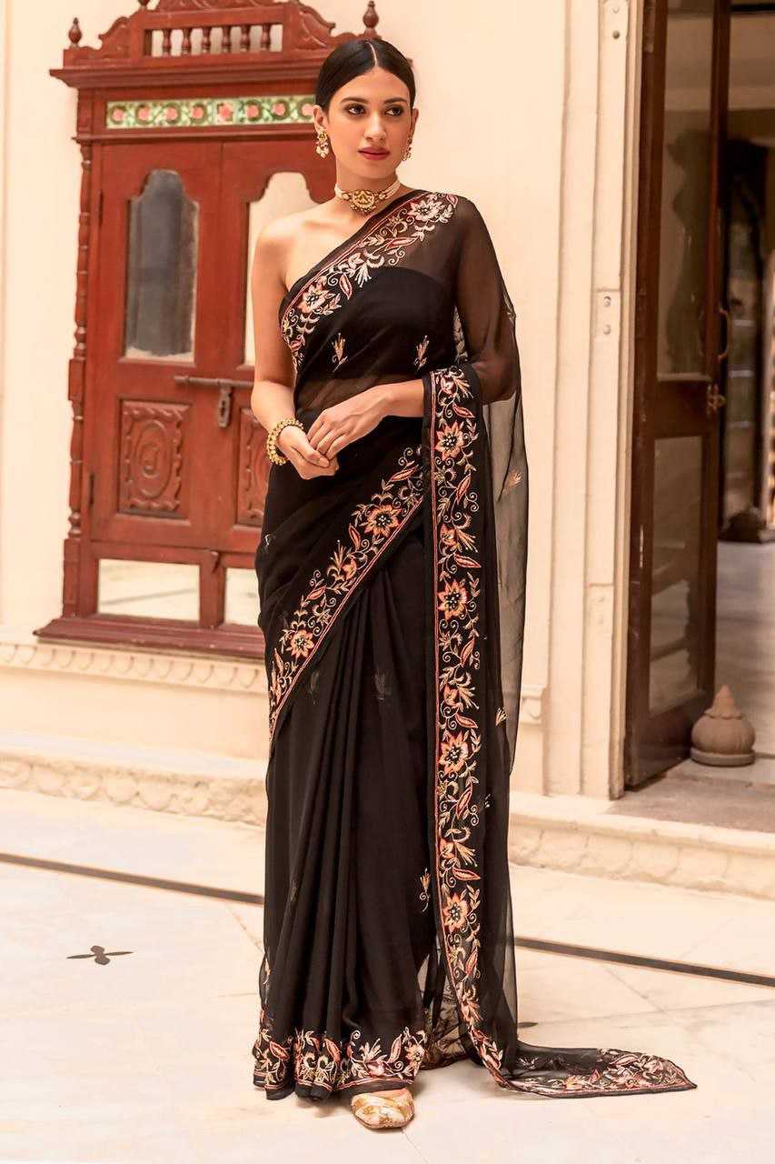 YNF GEORGETTE KESH188 9139 SAREES WHOLESALE GEORGETTE LACE BORDER BLACK SILK SAREES MANUFACTURER