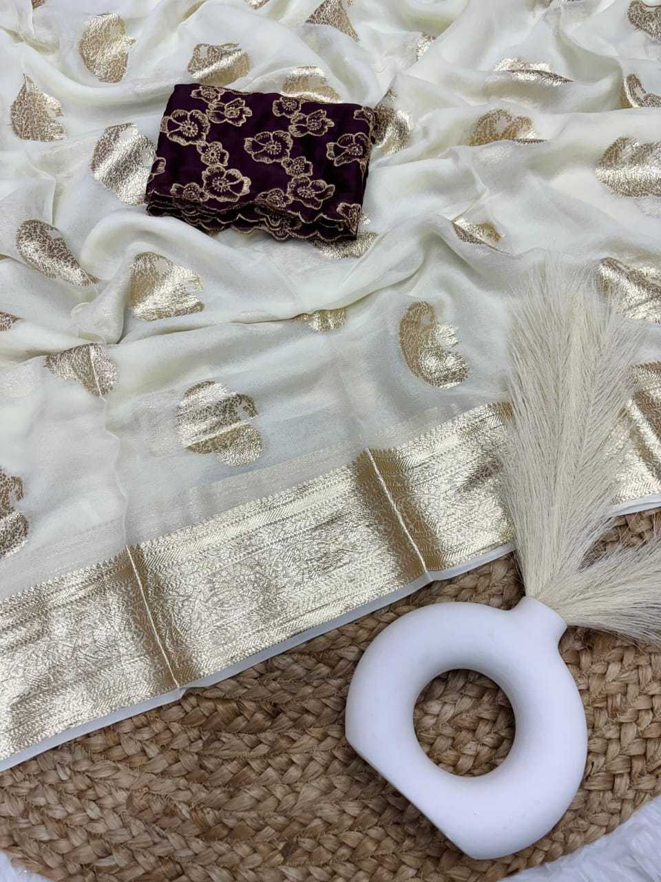 YNF GEORGETTE KESH222 RUN119 SAREES WHOLESALE GEORGETTE WHITE BUTTA VISCOSE ZARI SAREES MANUFACTURER