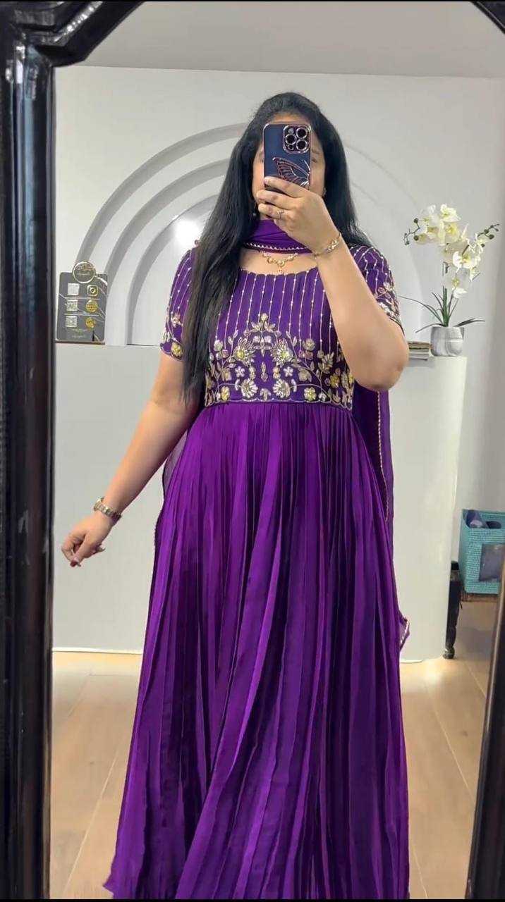 YNF GEORGETTE KESH232 906 GOWNS WHOLESALE EMBROIDERED LONG GEORGETTE PURPLE GOWNS MANUFACTURER