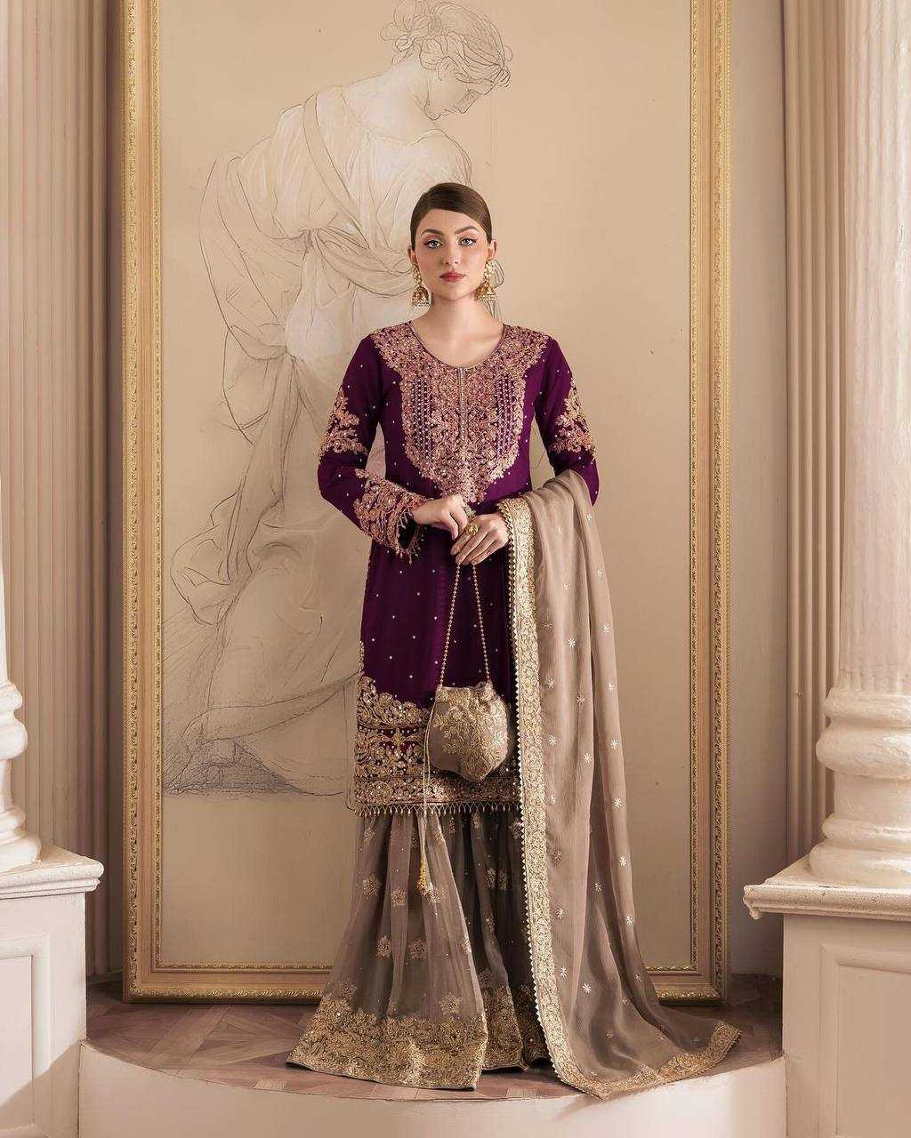 YNF GEORGETTE RIN133 1486 SUITS & DRESSES WHOLESALE GEORGETTE EMBROIDERY SHARARA SALWAR MAROON SALWAR SUITS MANUFACTURE