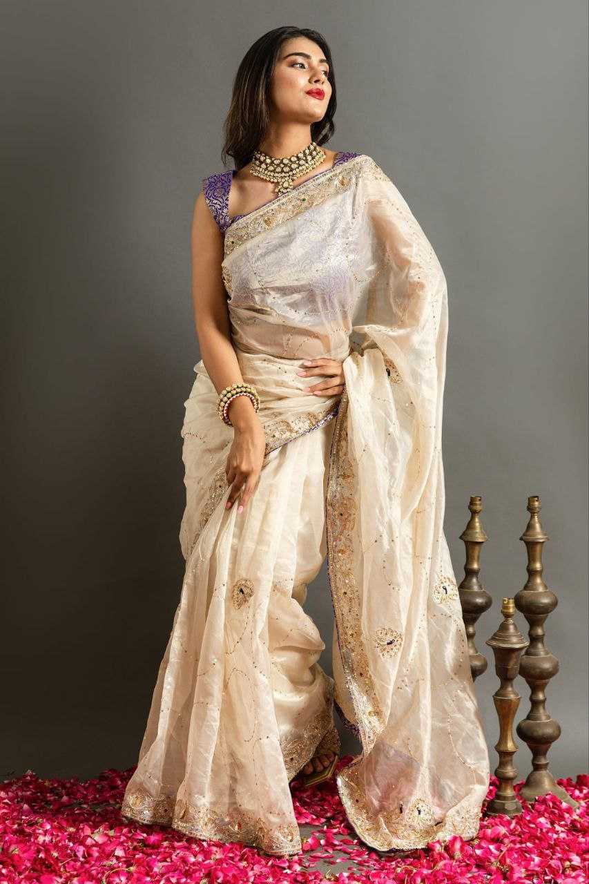 YNF JIMMY CHOO KESH188 9210 SAREES WHOLESALE JIMMY CHOO SEQUENCE EMBROIDERED WHITE SILK SAREES MANUFACTURER