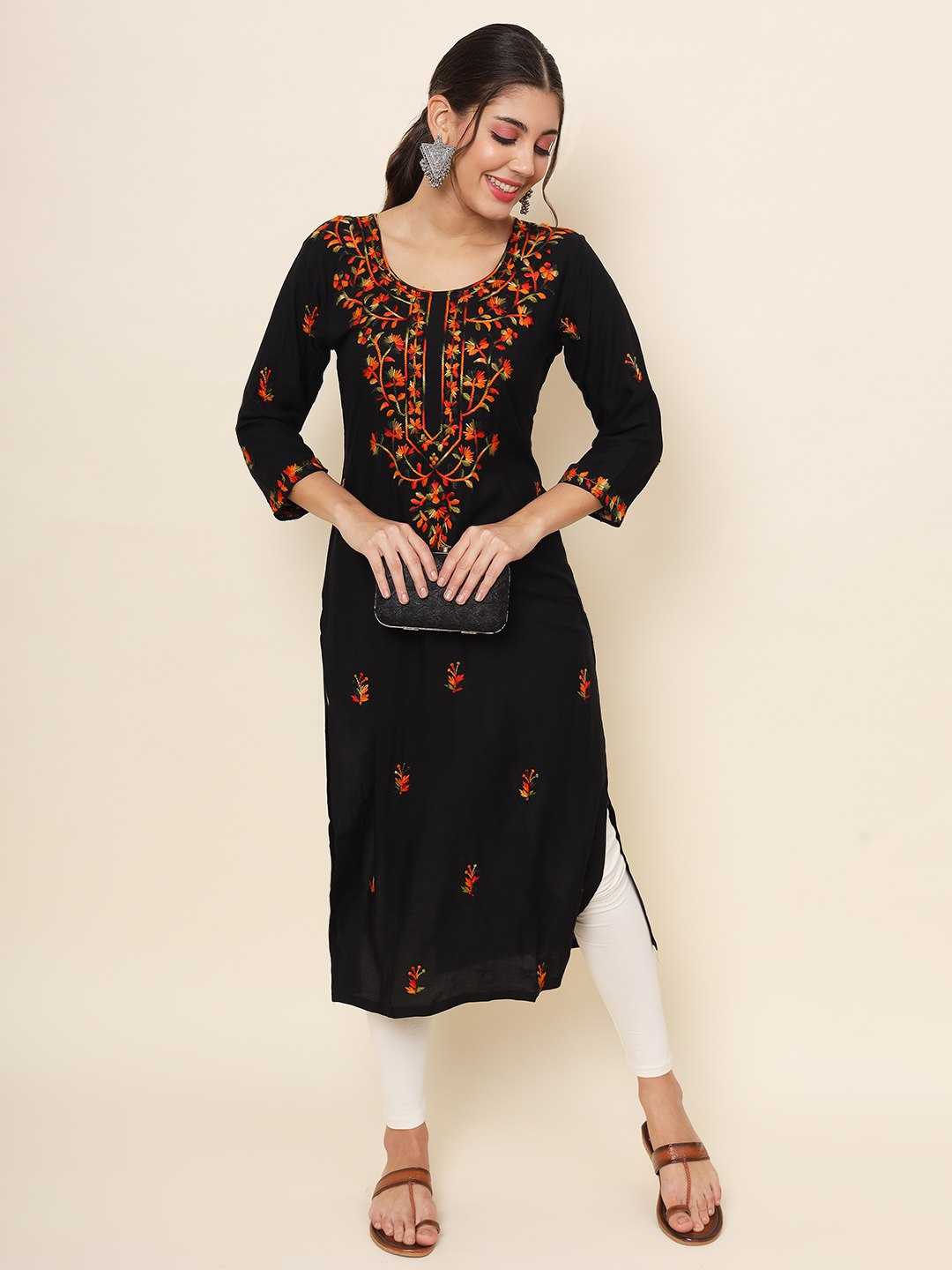 YNF RAYON RIN188 Palak KURTIS WHOLESALE LONG RAYON ROUND NECK CHIKANKARI KURTIS MANUFACTURER