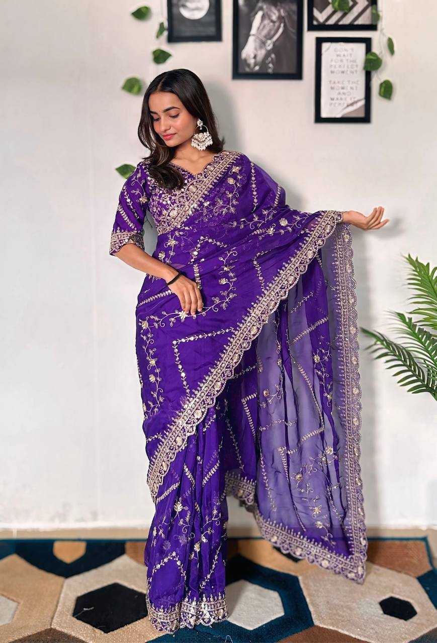 YNF TABBY SILK ORGANZA RIN114 5042 SAREES WHOLESALE ORGANZA EMBROIDERED CUTWORK TRADITIONAL PURPLE SAREES MANUFACTURER