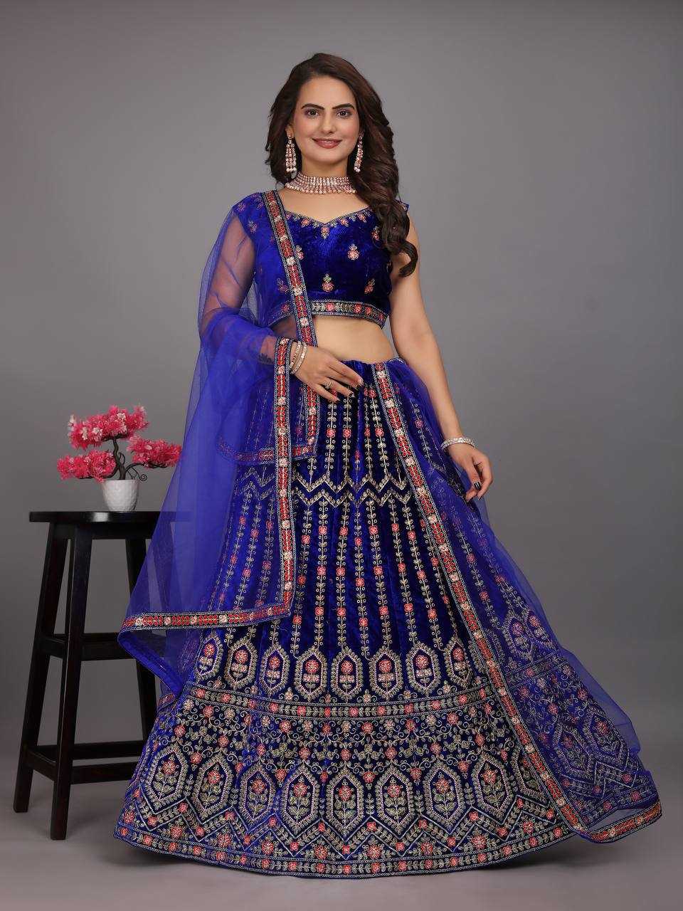 YNF VELVET KESH164 L48 LEHENGAS WHOLESALE DESIGENR VELVET WEDDING EMBROIDERED BLUE LEHENGAS MANUFACTURER