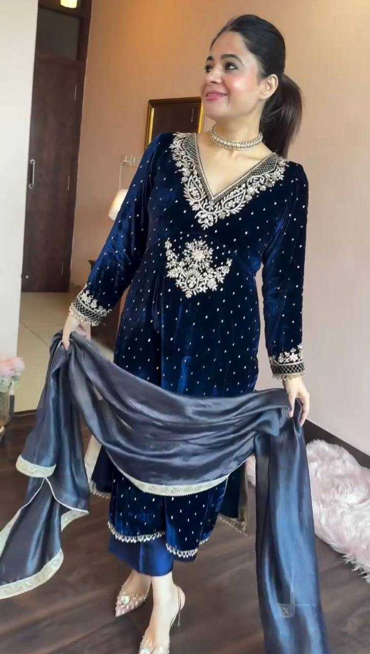 YNF VELVET RIN169 5771 SUITS & DRESSES WHOLESALE VELVET EMBROIDERY BLUE SALWAR LONG KURTI SUITS MANUFACTURE