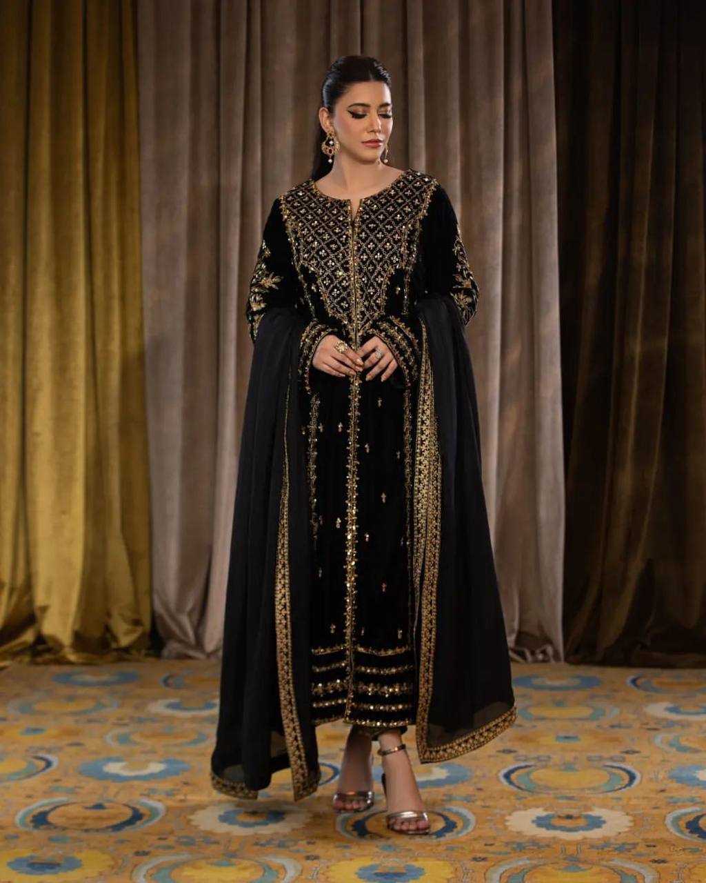 YNF VISCOSE KESH123 5098 SUITS & DRESSES ISLAMIC CLOTHING WHOLESALE PAKISTANI VELVET EMBROIDERED BLACK SALWAR SUITS MANUFACTURER