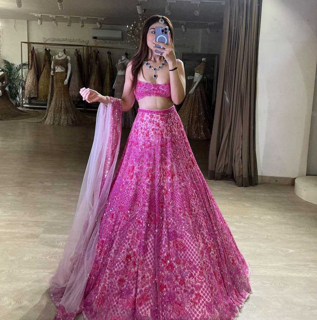 YNF BUTTERFLY NET RIN121 1002 LEHENGAS WHOLESALE EMBROIDERED DESIGNER NET FANCY SEQUNIS PINK LEHENGAS MANUFACTURER