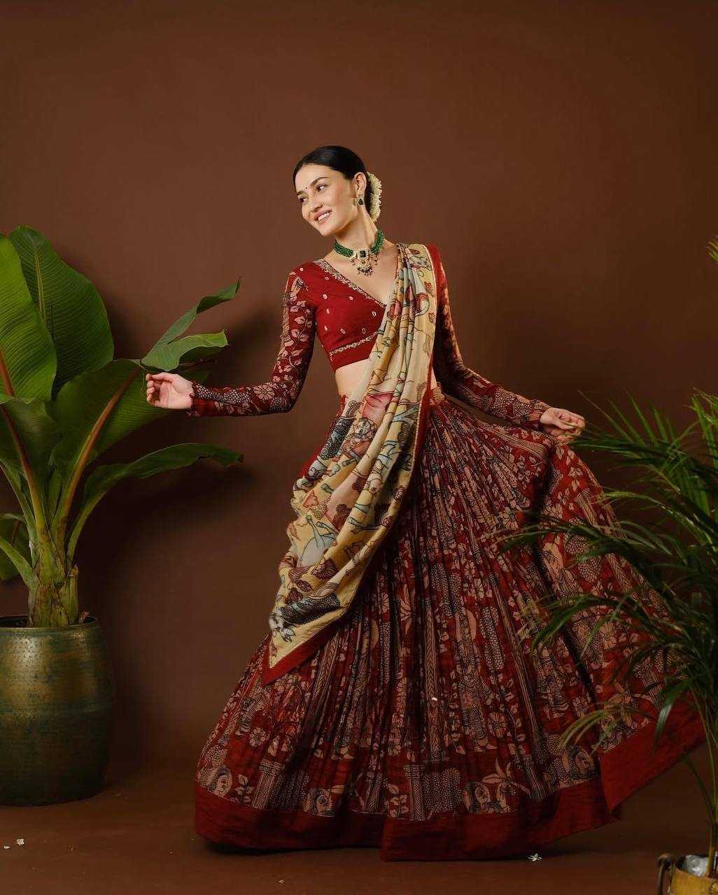 YNF CHINON KESH163 54 LEHENGAS WHOLESALE KALAMKARI TRADITIONAL PRINTED SILK LEHENGAS MANUFACTURER