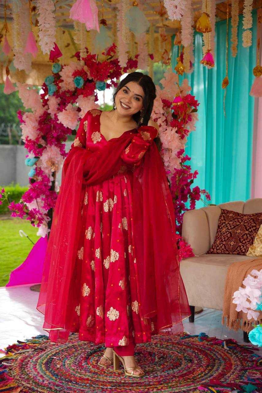 YNF CHINON SILK KESH232 1447 GOWNS WHOLESALE RED ANARAKLI FULL PRINTED WEDDING GOWNS MANUFACTURER