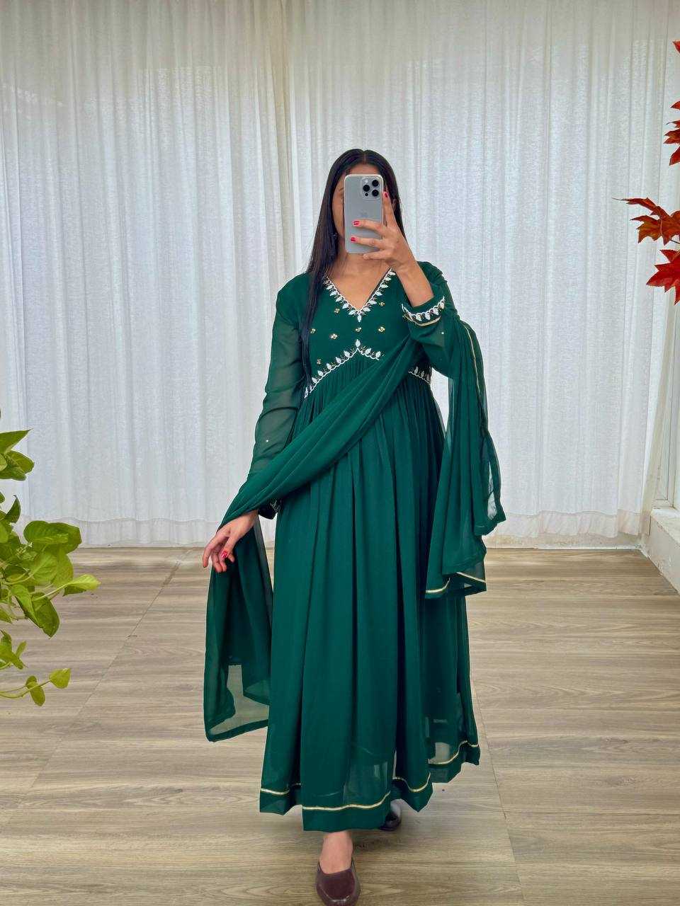 YNF FAUX GEORGETTE KESH240 409 GOWNS WHOLESALE GREEN ANARAKLI FULL SLEEVE WEDDING GEORGETTE GOWNS MANUFACTURER