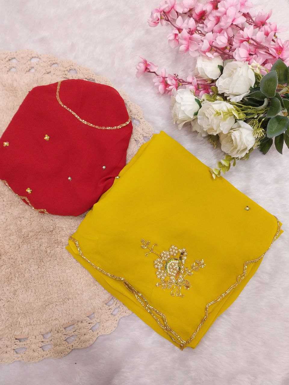 YNF FAUX GEORGETTE RIN171 565 SAREES WHOLESALE GEORGETTE HAND WORK YELLOW HALDI OUTFITS CUT WORK SAREES MANUFACTURER