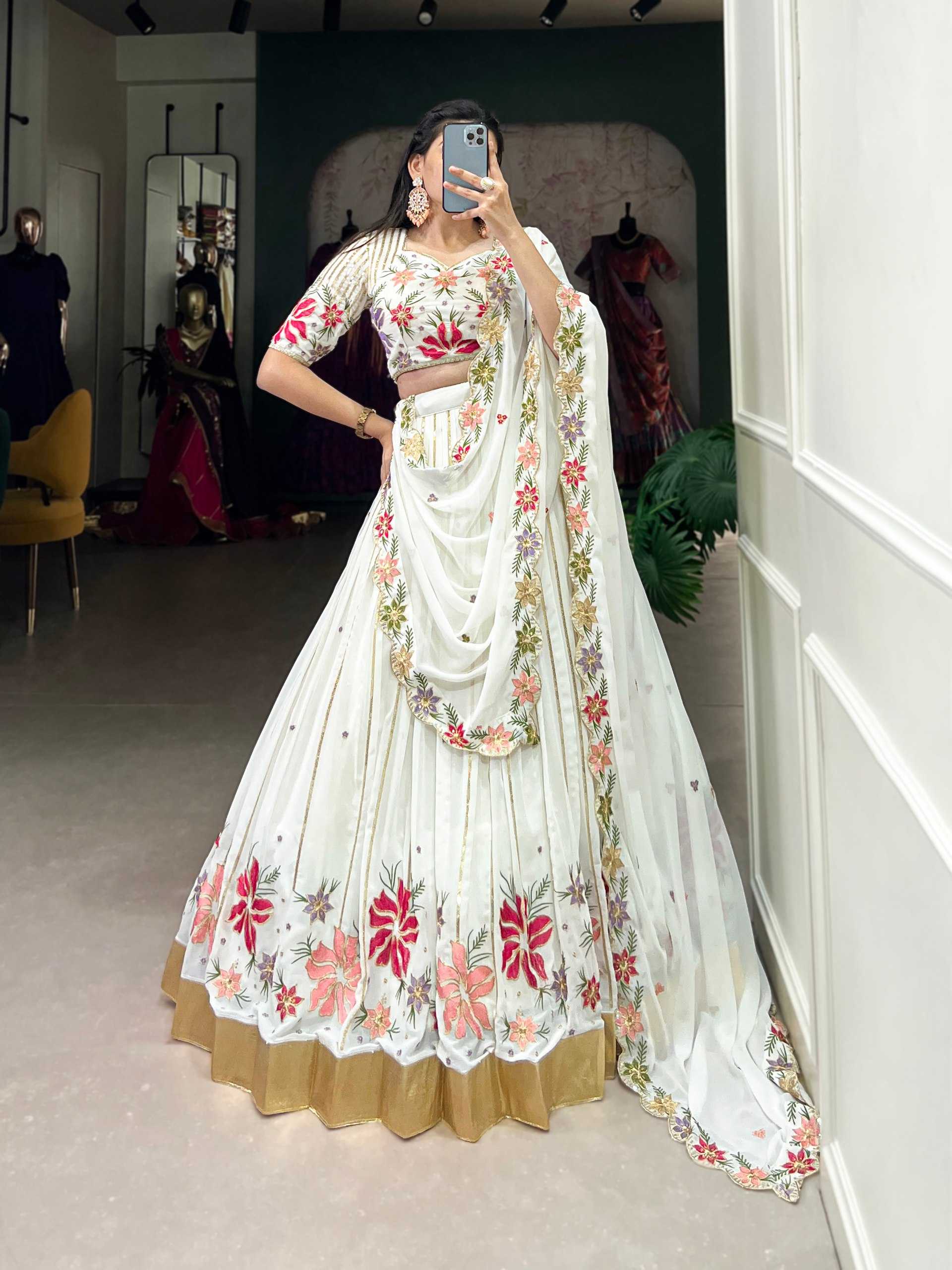 YNF GEOREGTTE KESH134 1413 LEHENGAS WHOLESALE EMBROIDERED GEOREGTTE SEQUNIS WHITE LEHENGAS MANUFACTURER