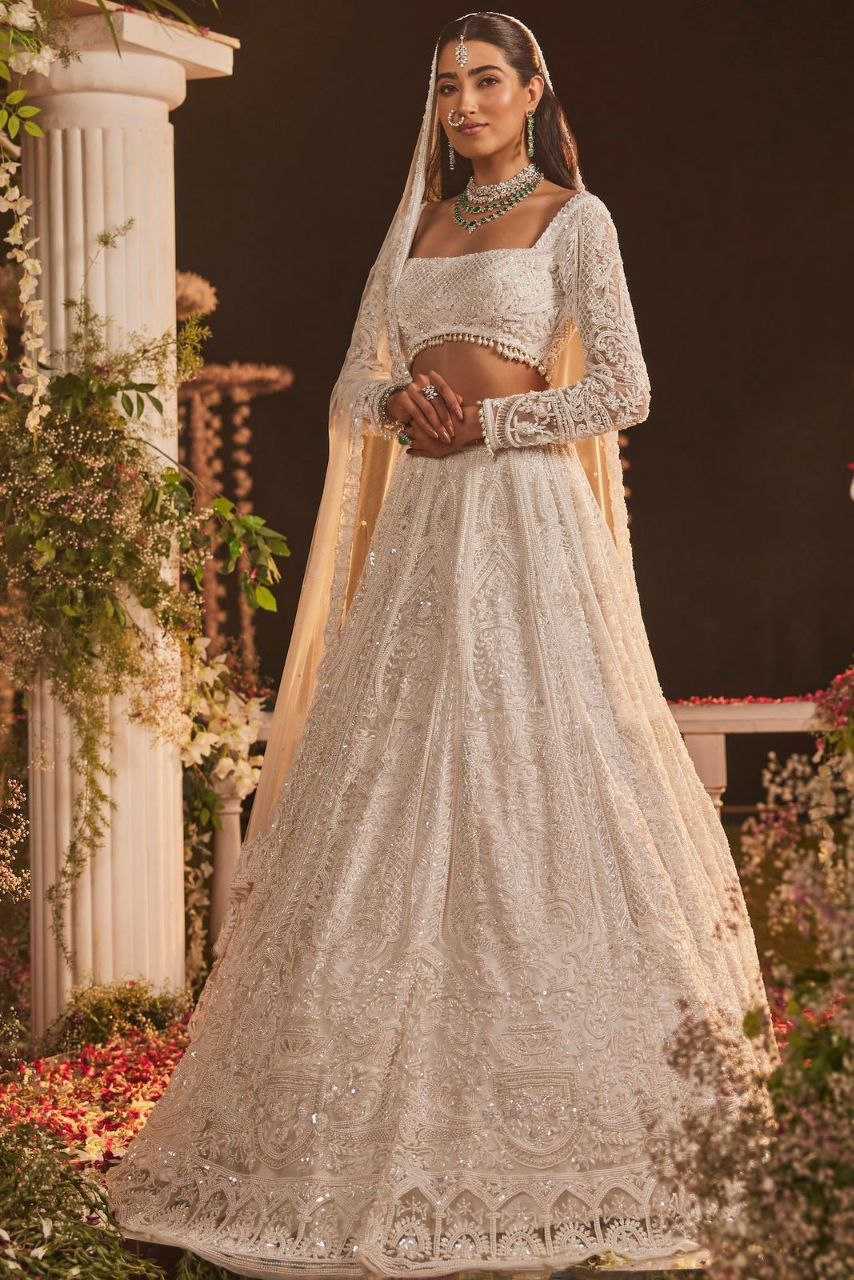 YNF GEORGETTE RIN121 1007 LEHENGAS WHOLESALE WEDDING DESIGNER EMBROIDERED NET FANCH SEQUNIS WHITE LEHENGAS MANUFACTURER