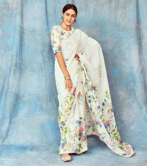 YNF LINEN KESH223 137 SAREES WHOLESALE WHITE COTTON PRINTED LINEN SAREES MANUFACTURER