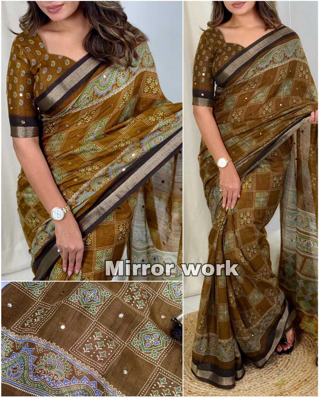 YNF LINEN KESH261 KTS21 WHOLESALE DESIGNER PRINTED MIRROR WORK SAREE MANUFACTURE