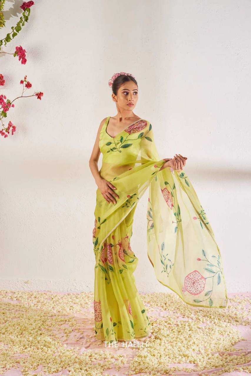 YNF ORGANZA KESH162 VOL-04 SAREES WHOLESALE ORGANZA GREEN PRINTED HAND WORK SAREES MANUFACTURER