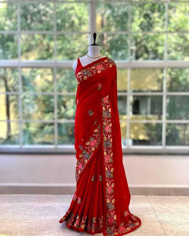 YNF TUSSAR SILK SOFT  RIN164 RRS104 SAREES WHOLESALE EMBROIDERED RED TUSSAR SILK SAREES  MANUFACTURER