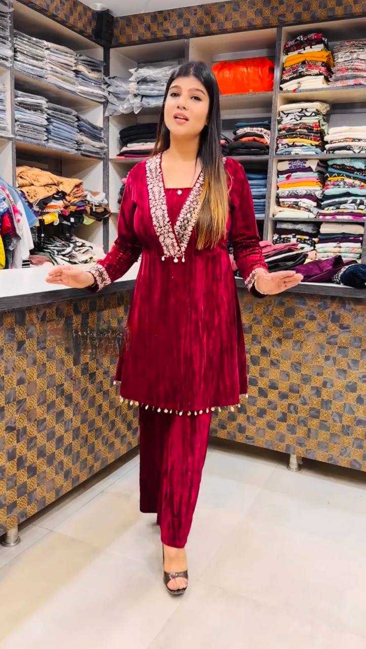 YNF VELVET KESH228 571 KURTIS WHOLESALE FESTIVE KURTI WITH BOTTOM EMBROIDERED EMBROIDERED V NECK RED KURTIS MANUFACTURER