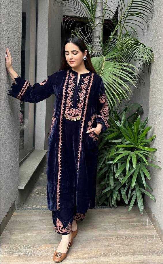 YNF VELVET RIN141 1890 KURTIS WHOLESALE PARTY WEAR KURTI WITH BOTTOM EMBROIDERED BLUE KURTIS MANUFACTURER