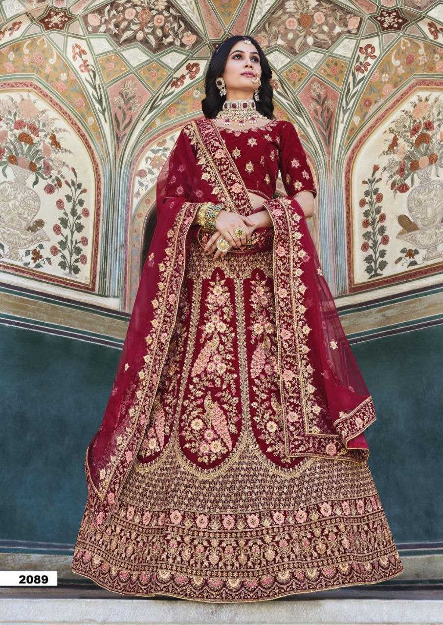 YNF VELVET RIN195 BRIDAL LOOK 2089 LEHENGAS WHOLESALE BRIDAL EMBROIDERED DESIGNER VELVET ZARI WORK LEHENGAS MANUFACTURER