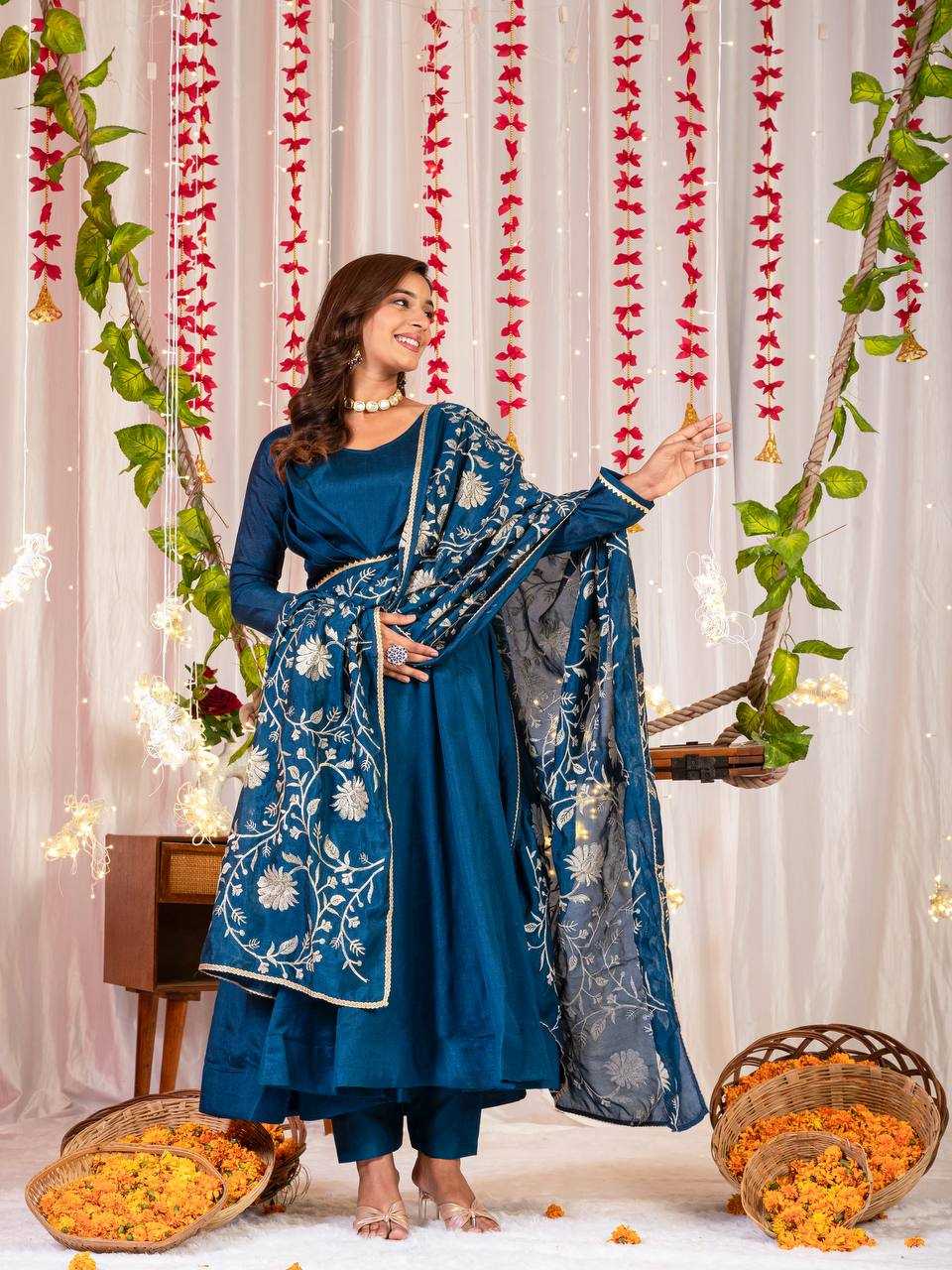 YNF VICHITRA SILK KESH144 1230 GOWNS WHOLESALE ANARKALI SILK FULL SLEEVE BLUE GOWNS MANUFACTURER