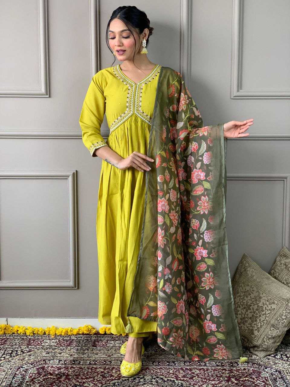 YNF VISCOSE CHANDERI KESH214 276 SUITS & DRESSES WHOLESALE ALIA CUT CHANDERI HALDI OUTFITS SUITS MANUFACTURE