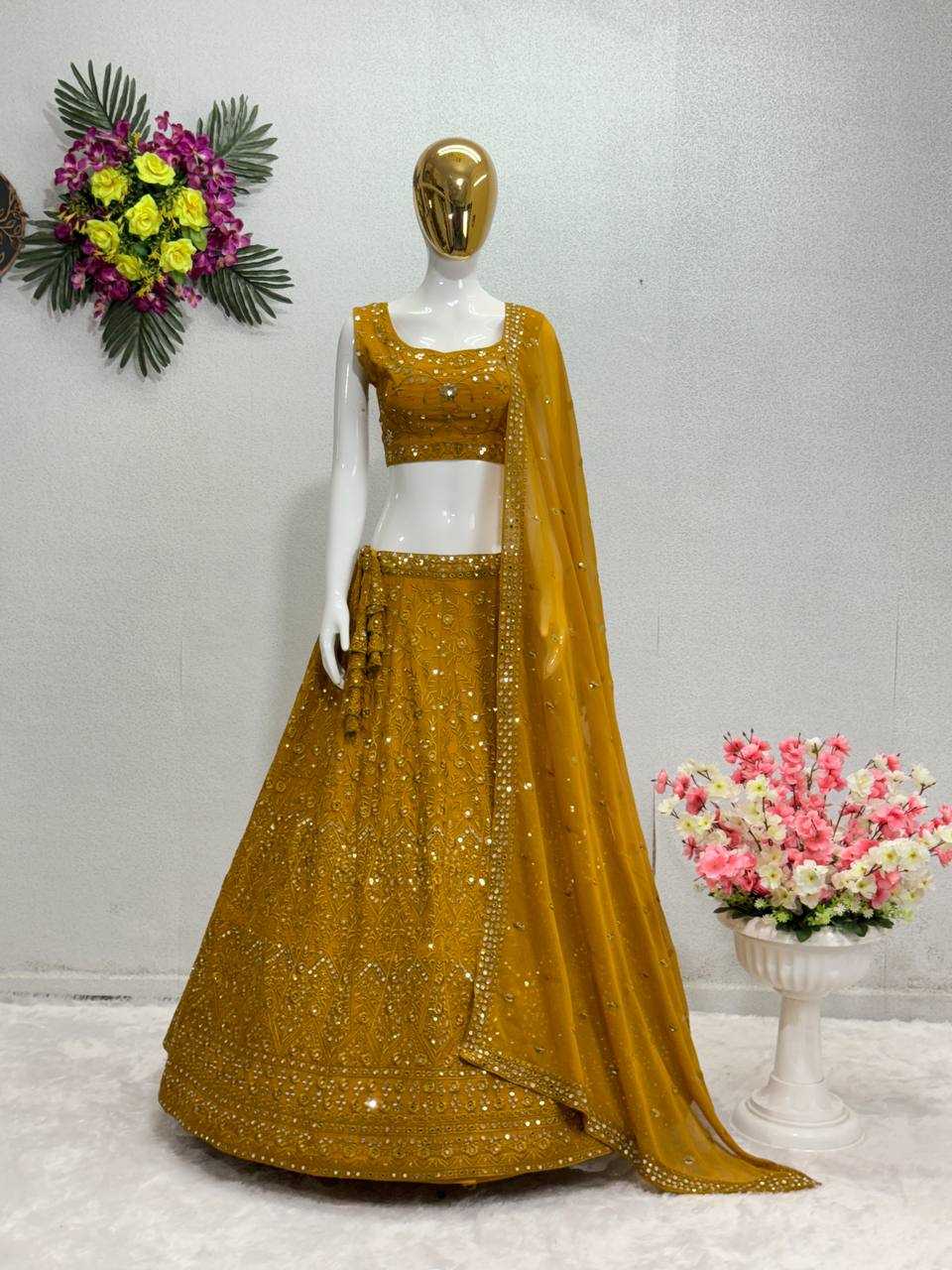 YNF FAUX GEORGETTE KESH138 1001 LEHENGAS WHOLESALE GEORGETTE EMBROIDERED MIRROR WORK LEHENGAS MANUFACTURER