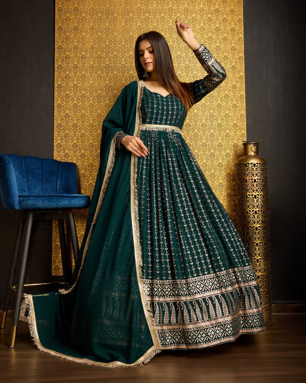 Ynf Georgette KESH417 5001 Gowns Wholesale Embroidery Gowns Georgette Gown Green Gown Manufacturer