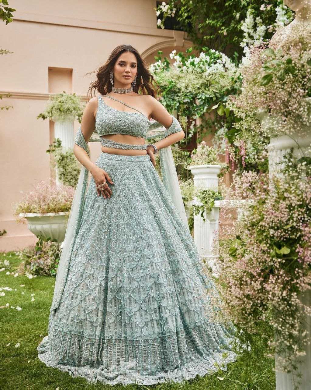 YNF NET RIN121 1018 LEHENGAS WHOLESALE NET FANCY EMBROIDERED SEQUINS LEHENGAS MANUFACTURER